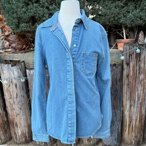 Ted Baker Chambray Blue Denim Button Up Shirt with Floral Accents Elevated Basic